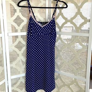 Blue and white polka dot nightgown and robe with pink lace trim